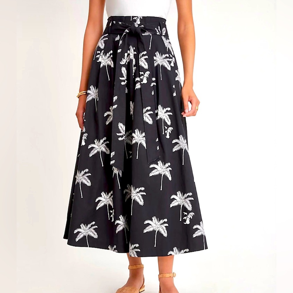 Ann Taylor Palm Tree Paperbag Maxi Skirt, Size 12, A-Line, Black / White, NWT
